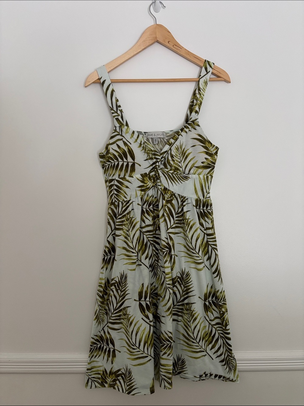 Palm-Print Mini Dress in Light Green by JANE & PEARL